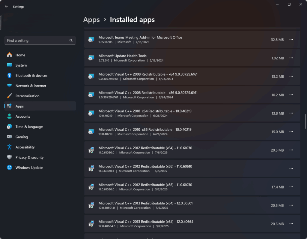 Windows 11 Installed apps